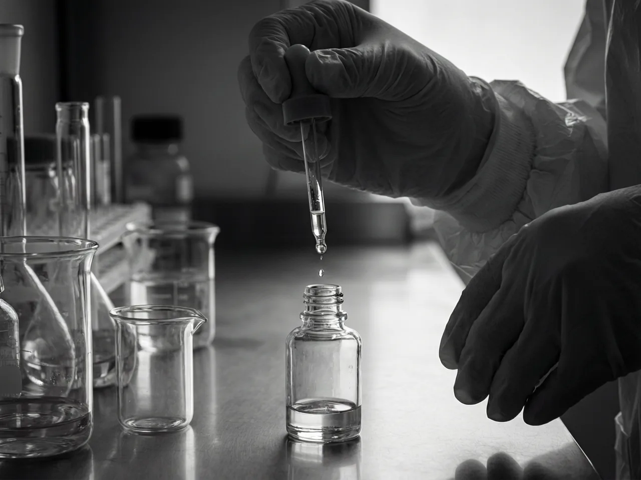 Black and white photograph: a hand working with a pipette over a glass bottle in a laboratory
