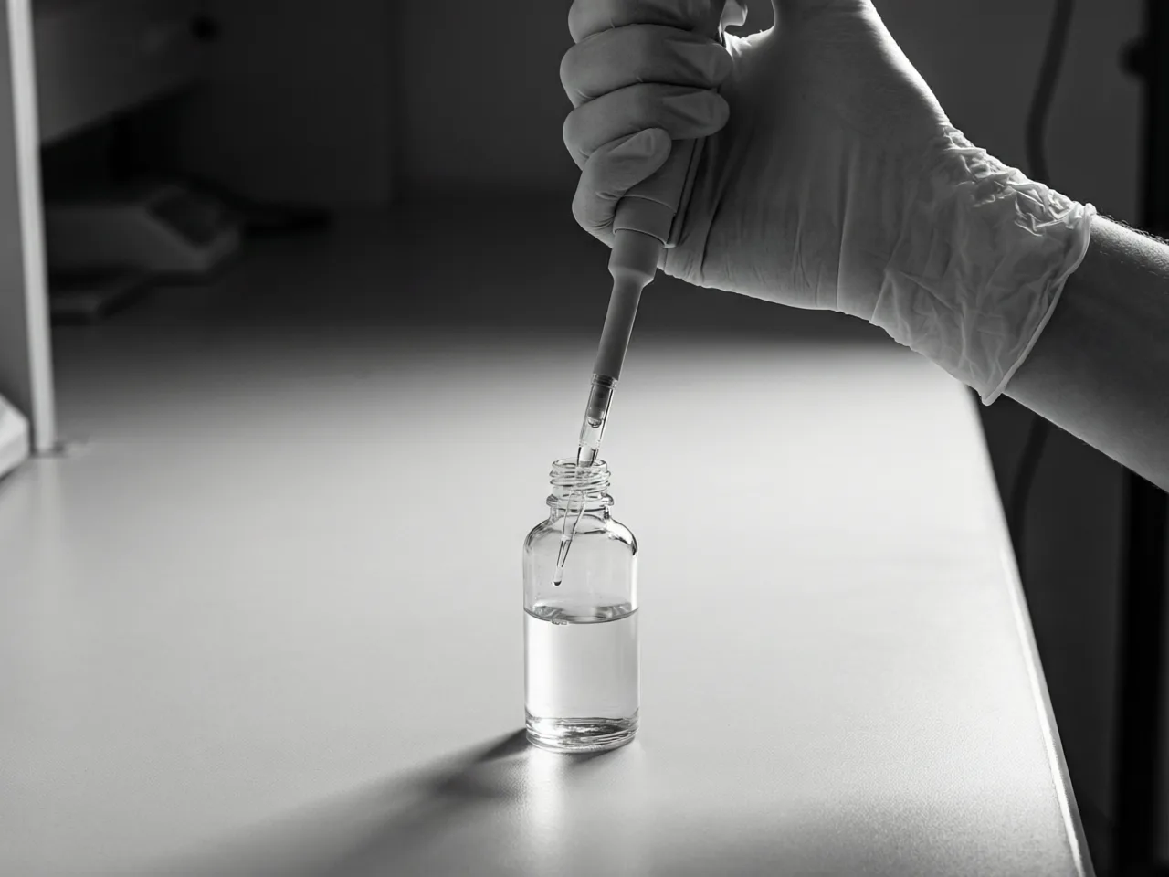 Black and white photograph: hands weighing a white powder on a laboratory scale