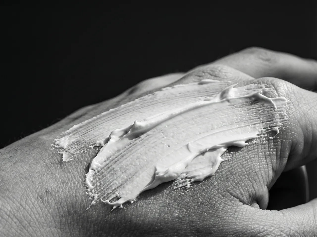 Black and white photograph: an unfamiliar cream texture being spread on skin